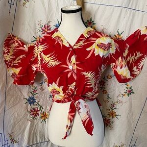 SOLD!! 1950s VINTAGE HAWAIIAN TIKI FLARED SLEEVE TIE FRONT WAIST SHIRT